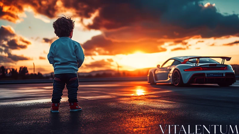Backlit child studies racing car under hyperreal sunset sky