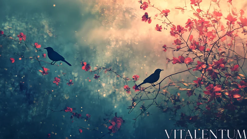 Silhouetted songbirds perch amid luminous red blossom haze