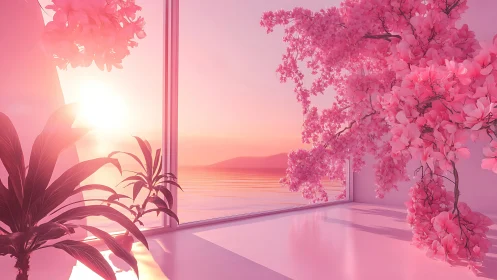 Sunset-drenched cherry blossoms quietly flood a glass room