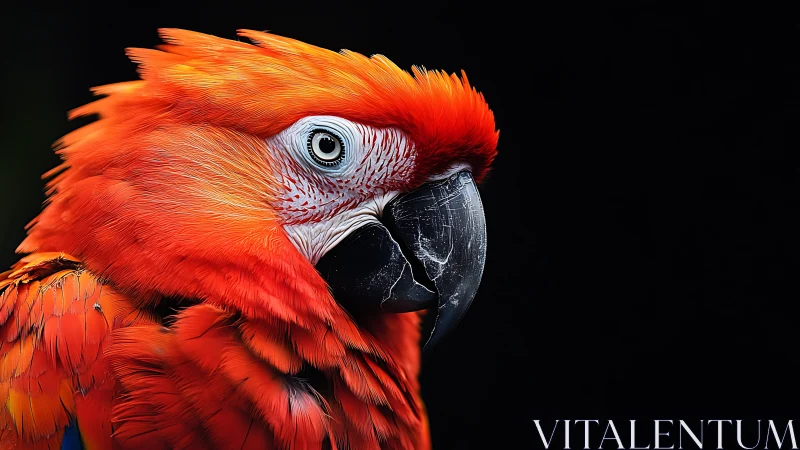 Vibrant Scarlet Macaw Portrait Against Dramatic Black Background.