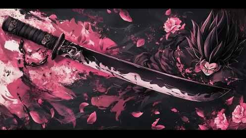 Dynamic anime swordsman merges with katana in pink bloom field