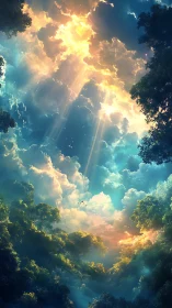 Celestial light shafts over lush forest canopy in clouds.