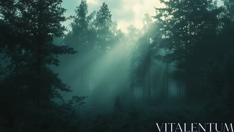 Misty Forest Canopy with Diffused Sunlight Filtering Through.