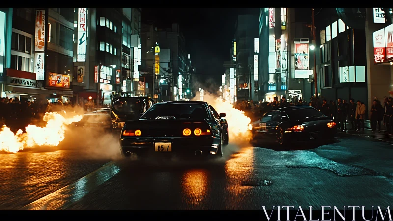High-speed street drift duel in neon-lit urban corridor.