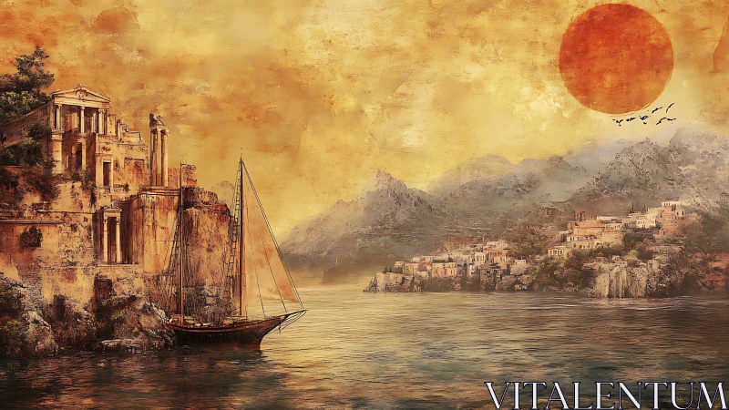 Ancient coastal citadels under a vast burnt umber sun