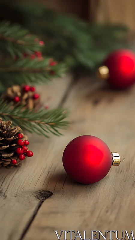 Red matte bauble on rustic wood surface with shallow depth of field