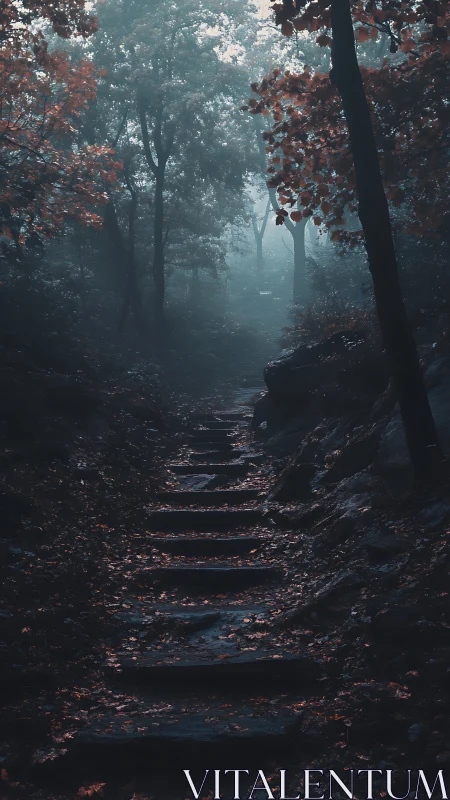 Misty Forest Path Through Autumn Woodland