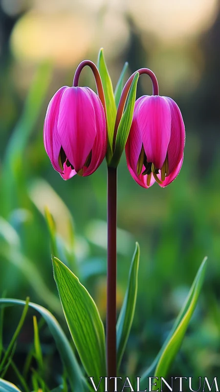 Twin pink tulip bells lean together in a dreamy garden hush.