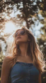 Sun-drenched daydreamer in denim bathing in forest light.