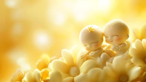 Ceramic figures positioned on white petaled flowers with golden ambient lighting.