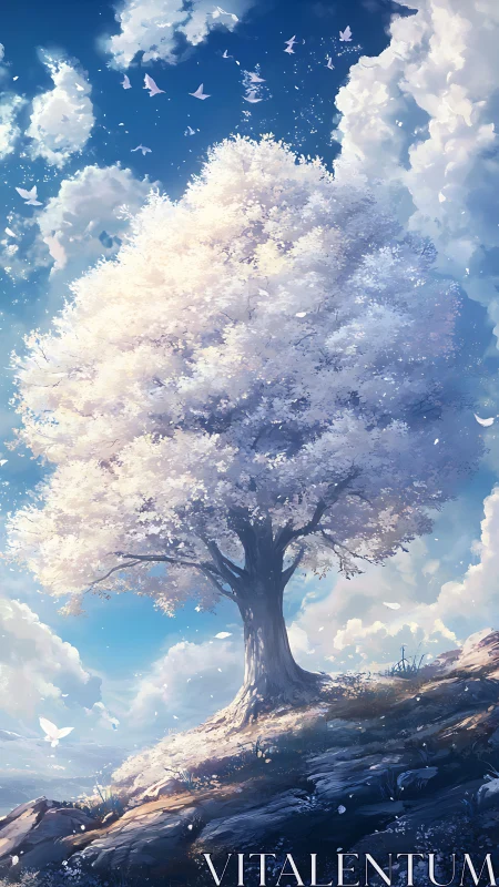 Luminous blossom tree crowns a sunlit ridge beneath drifting clouds