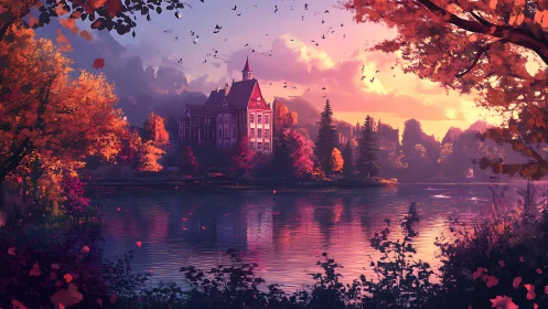 Lakeside manor stands amid dense autumn foliage at sunset