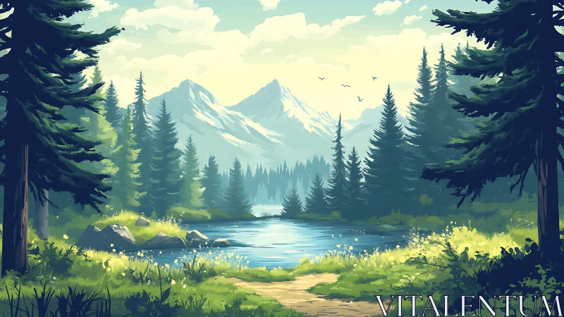 Alpine Lake Basin with Mountain Peaks and Coniferous Forest