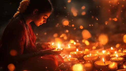 Young woman in red sari holding oil diya amid festive bokeh