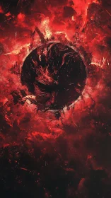 Red circular void with abstract dark core in fiery field.
