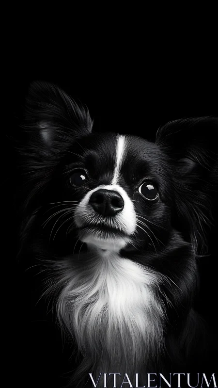 Black and white longhaired dog portrait against dark background