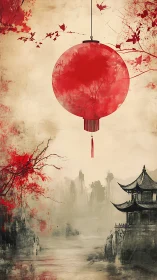 Red lantern over misted pagoda in painterly vertical vista.