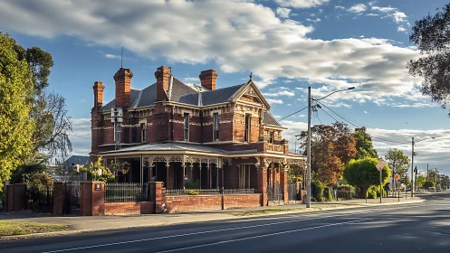 Victorian red brick corner mansion under golden afternoon light.