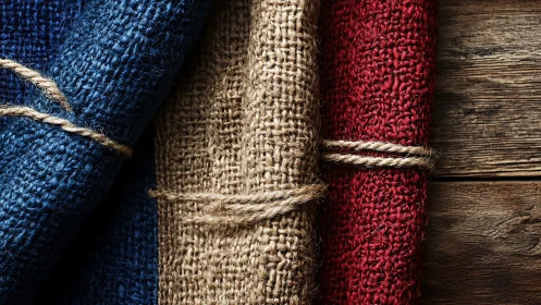 Contrasting burlap fabric rolls show fiber texture and rustic color