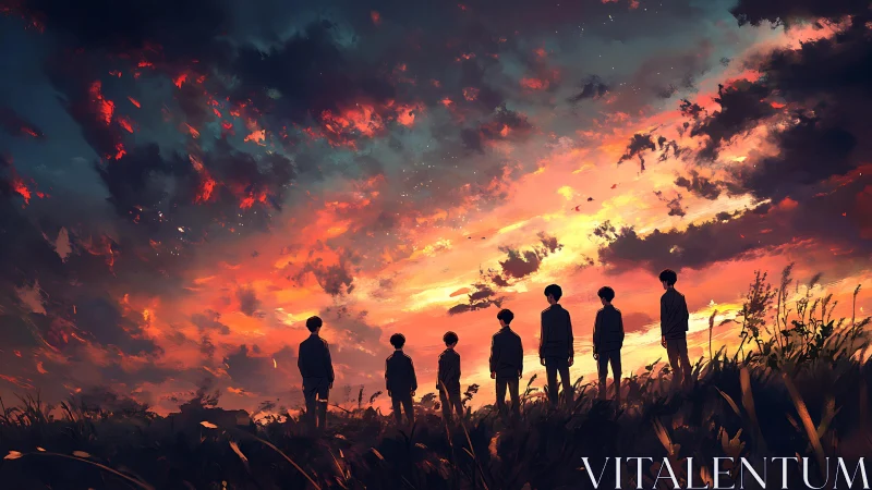 Friends standing together beneath a glowing sunset sky.