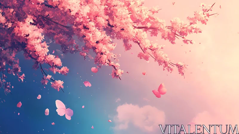 Petal-bright cherry branches and drifting butterflies dreamscape.