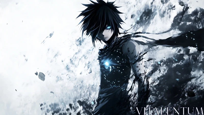 Dark anime warrior with glowing chest light in stormy void.