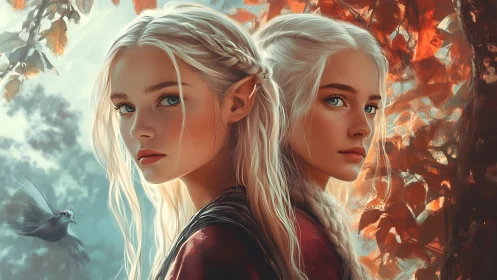Twin elven portraits balance cool atmospheric light and warm foliage