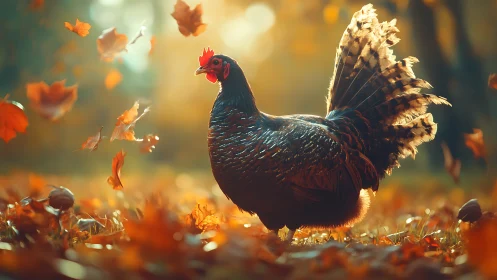 Rooster with spread plumage amid autumn leaves in warm golden light
