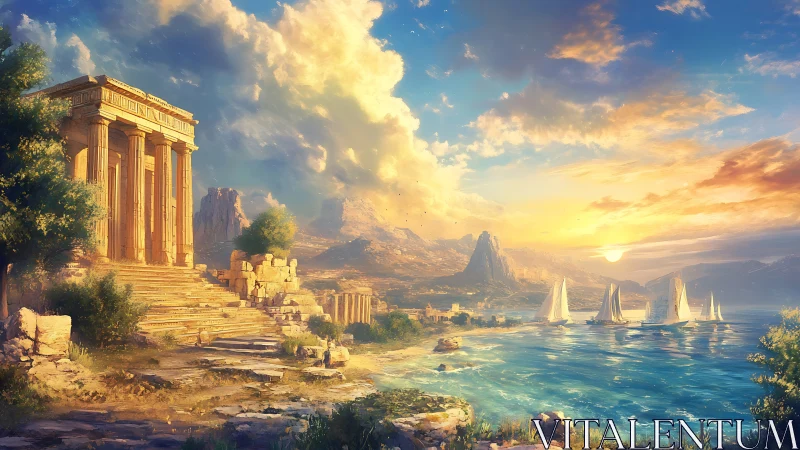 Sunlit classical temple above mythic Mediterranean sailing bay