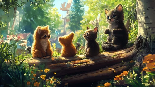 Four Juvenile Felines in Woodland Environment with Dappled Luminescence