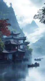 Misty riverside pagoda village with boats on calm water.