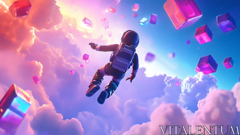 Astronaut figure surrounded by floating cubes above clouds.