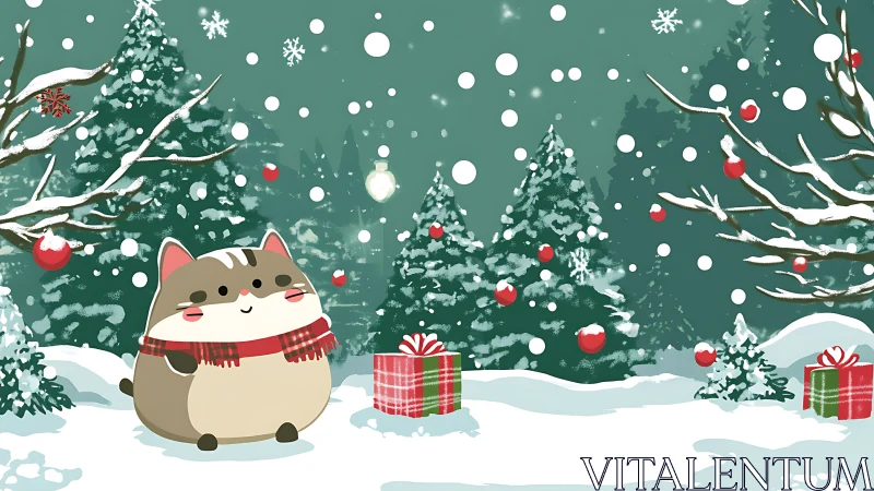 Festive chubby cat enjoys snowfall in a winter forest.