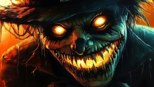 Demonic scarecrow portrait with blazing eyes and grin.