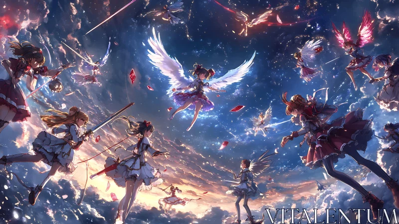 Winged magical girls clash in a radiant celestial sky