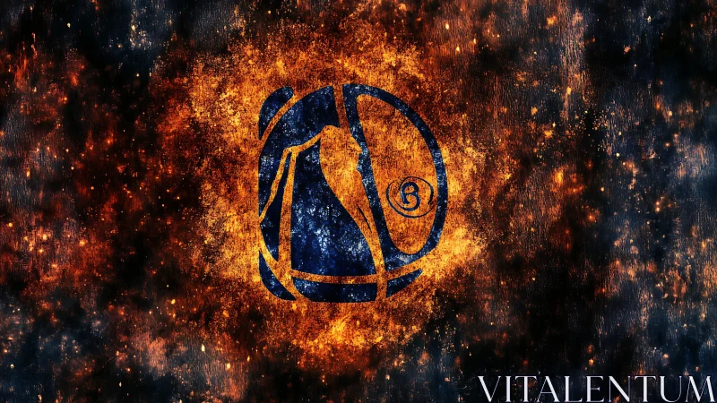 Arcane blue sigil blazing within a storm of cosmic embers.
