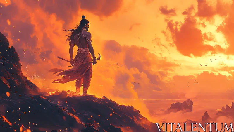 Sunfire warrior gazing over ember-soaked mountain horizon.