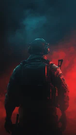 Back view of armed soldier in colored atmospheric haze.
