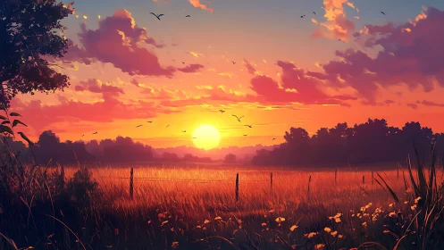 Sunset illuminates rural field with silhouetted distant treeline