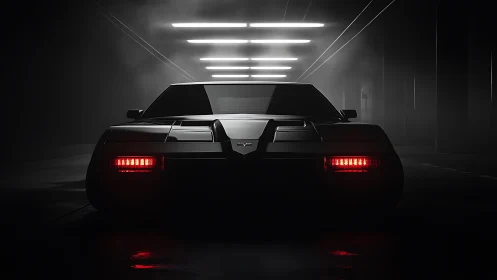 Retro supercar idles in moody neon tunnel darkness.