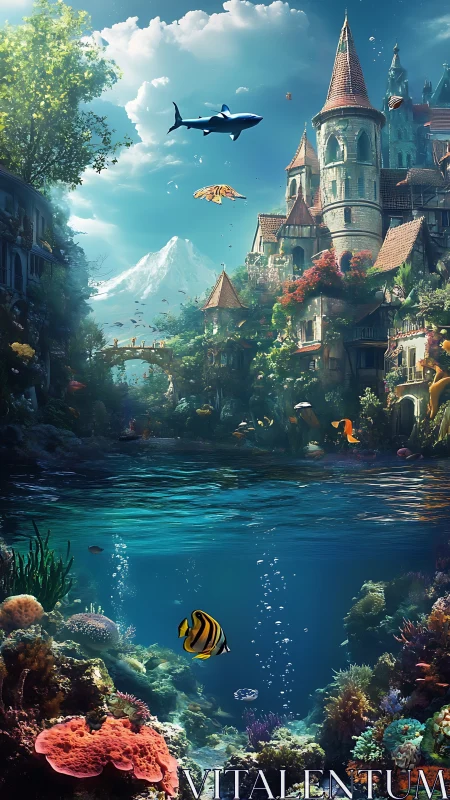 Dual-Realm Coral Kingdom Under Floating Castle Spires.