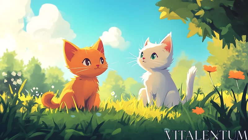 Two Kittens Meeting in a Sunny Garden.