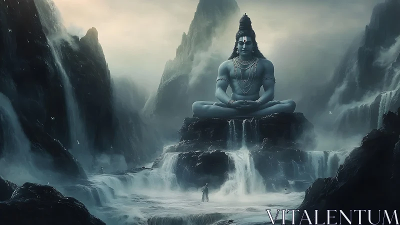 Large Shiva figure seated on rocky waterfalls in misty gorge.