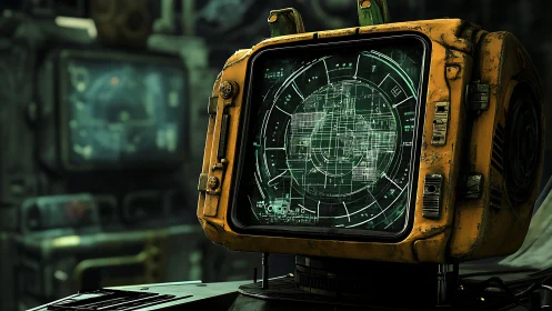 Retro yellow radar monitor with digital targeting display.