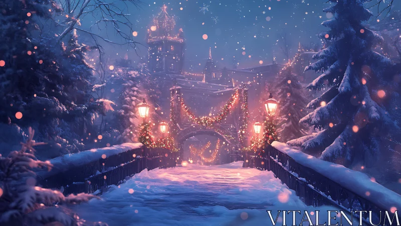 Snowy bridge toward enchanted winter castle at dusk.