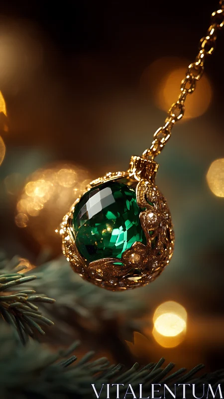 Emerald ornament glows softly on a golden festive chain