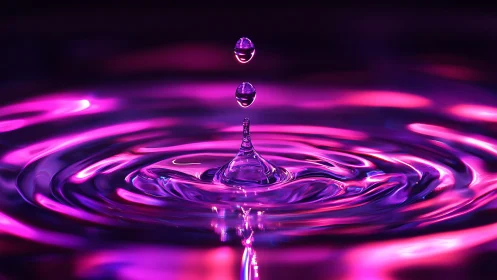 Neon water droplet forms luminous ripples in darkness.