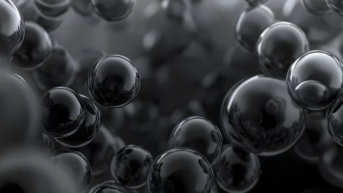 Shiny Black Bubbles Floating in Abstract 3D Digital Art Style.