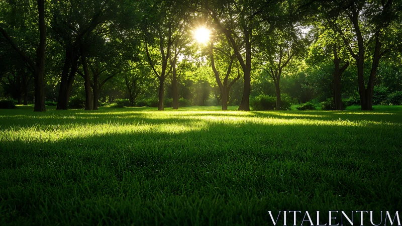 Sunlit green park lawn with trees and long soft shadows.