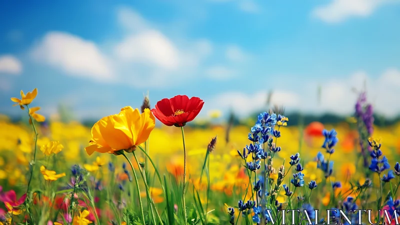 Sunlit wildflower meadow dances gently beneath blue skies